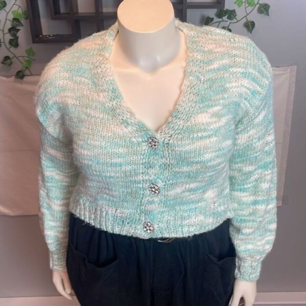 Wild Fable Mint Green White Long Sleeve‎ Cardigan Sweater Jewel size XL